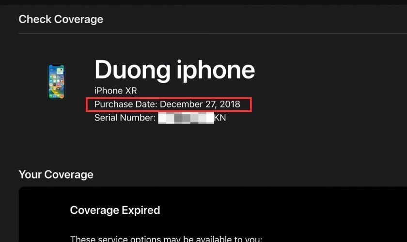 Kiểm tra ng&agrave;y k&iacute;ch hoạt iPhone ở mục Purchase Date